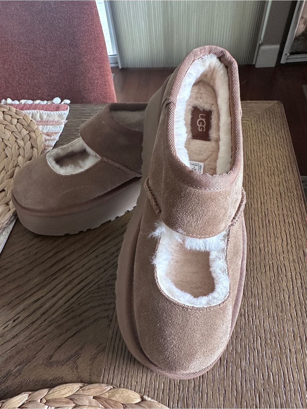 UGG Chestnut Suede Mary Jane Slippers with Shearling Trim